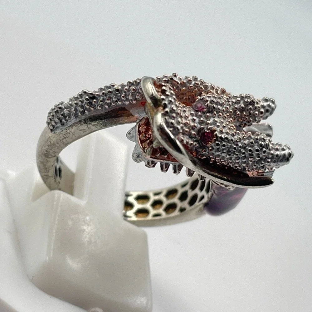 Vintage Silver Tone Textured Dragon Ring Purple Enamel Ruby Red Rhinestone Eyes